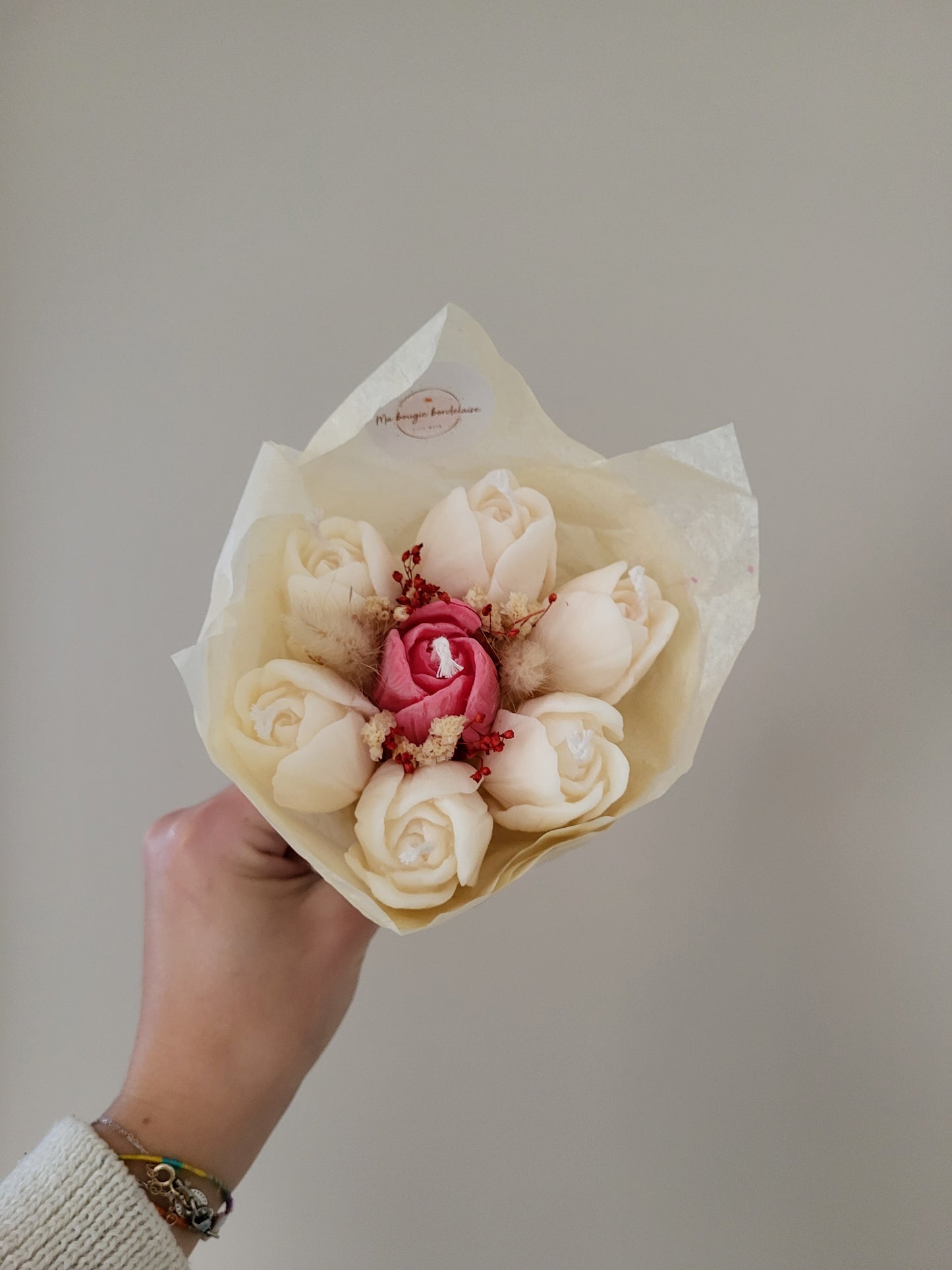 Bouquet de 7 tulipes en bougies - (rose-blanc)